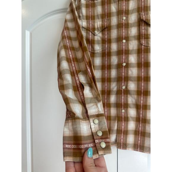 Lucky Brand Distinctive Western Sport Wear Brown and Salmon Plaid Button Down b - Picture 4 of 6